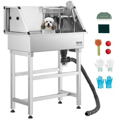 Vevor 34-Inch Stainless Steel Dog Washing Station - All-In-One Pet Grooming Tub with Hot & Cold Faucet, Showerhead, and Storage Rack for Easy Bathing at Home! Perfect for Small Dogs and Cats!