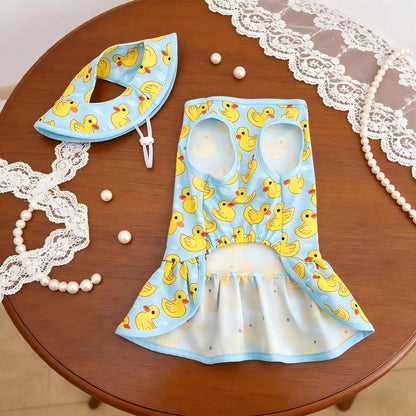 Adorable Blue & Yellow Duck Theme Pet Dress with Hat - Perfect Summer Outfit for Small/Medium Dogs and Cats! Ideal for Beach and Pool Days!