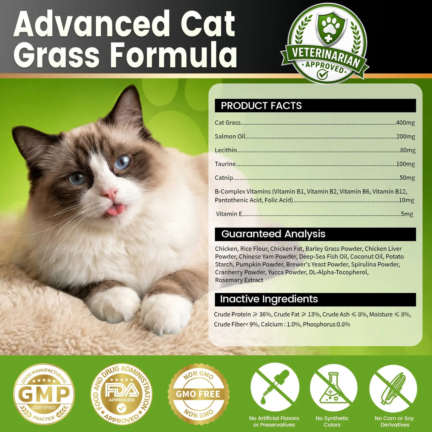 Dolean Cat Grass Chews - Crunchy Chicken Flavor Snack for Hairball Control & Digestive Health, 500 Grain-Free Treats with Essential Vitamins, Fish Oil & Taurine for Healthy Skin, Coat & Teeth