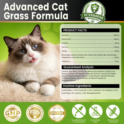 Dolean Cat Grass Chews - Crunchy Chicken Flavor Snack for Hairball Control & Digestive Health, 500 Grain-Free Treats with Essential Vitamins, Fish Oil & Taurine for Healthy Skin, Coat & Teeth