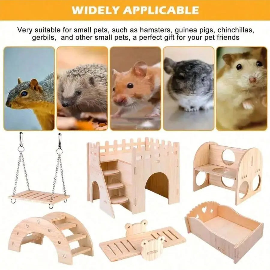 Exciting Wooden Hamster Toy House and Swing Set - Perfect for Dwarf Hamsters, Sandhamsters & Mice! Interactive Playtime Fun!