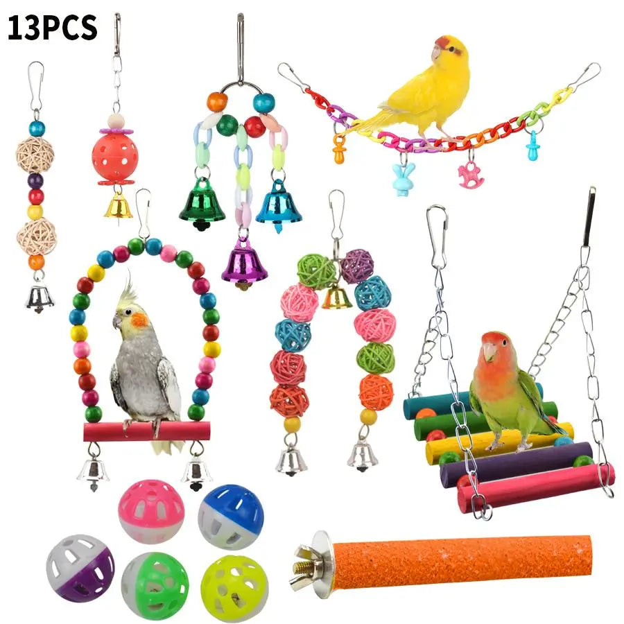 Vibrant Parrot Playtime Set - 13 Fun Bird Toys Including Swing, Perch, Bell & Hammock - Perfect for Parakeets!