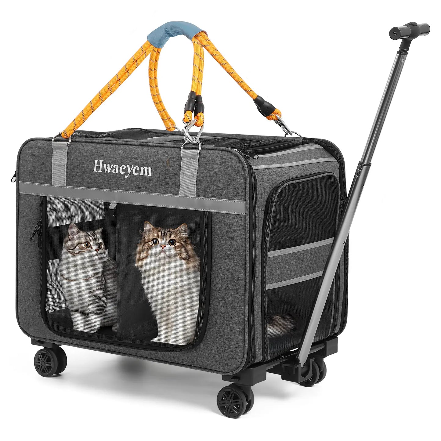 Extra Large Rolling Pet Carrier - Adjustable Height, Airline Approved, Holds Up to 40lbs - Stylish Soft-Sided Black Mesh Travel Bag for Cats & Small Dogs