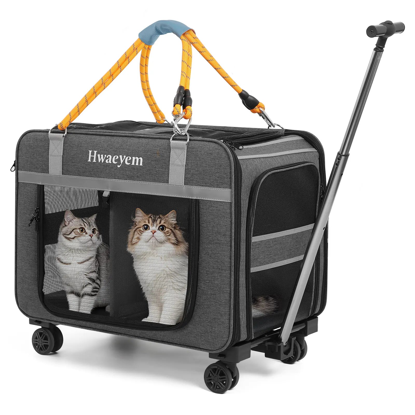 Extra Large Rolling Pet Carrier - Adjustable Height, Airline Approved, Holds Up to 40lbs - Stylish Soft-Sided Black Mesh Travel Bag for Cats & Small Dogs