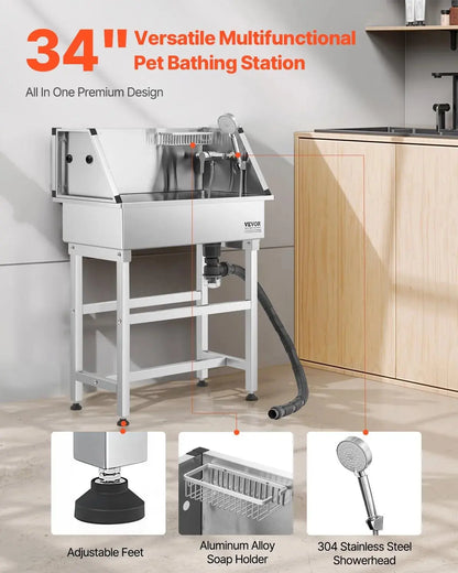 Vevor 34-Inch Stainless Steel Dog Washing Station - All-In-One Pet Grooming Tub with Hot & Cold Faucet, Showerhead, and Storage Rack for Easy Bathing at Home! Perfect for Small Dogs and Cats!