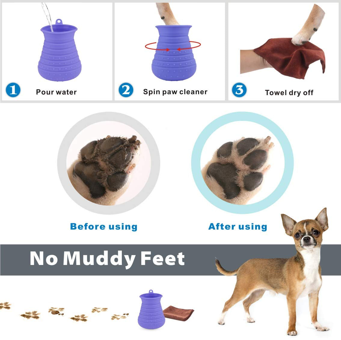 Portable Dog Paw Cleaner Cup with Towel - Pro Pet Foot Washer & Massager for Clean Claws (Purple)