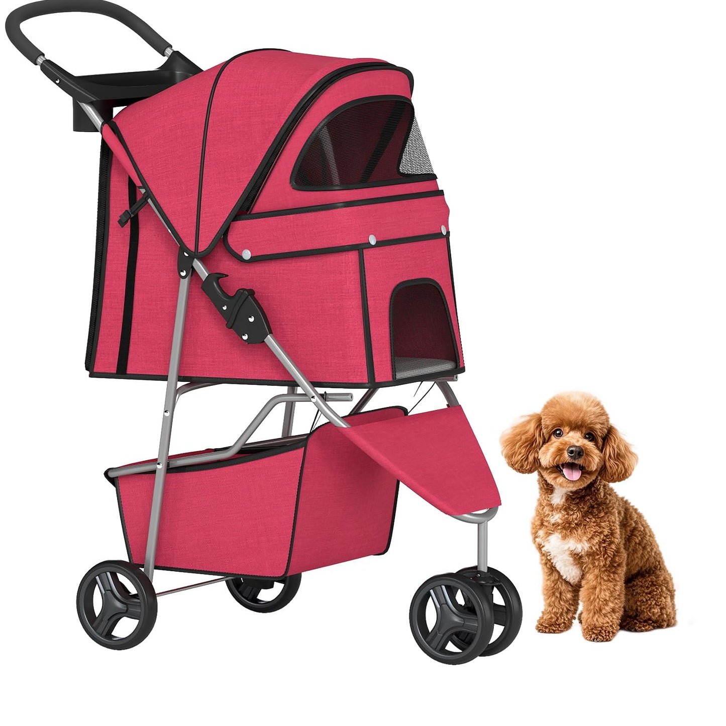 Lightweight 3-Wheel Pet Stroller - Foldable, Waterproof & Mesh-Breathable (Black) 🐾🖤