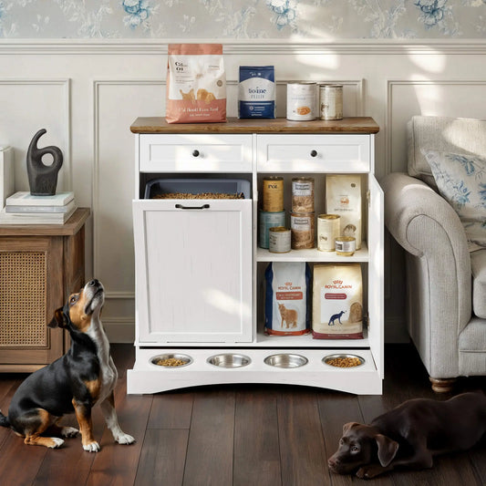Elevate Mealtime with the Summervibes Engineered Wood Pet Feeding Station - Stylish Cabinet with Dual Tiltable Doors & 4 Bowls for Instant Access
