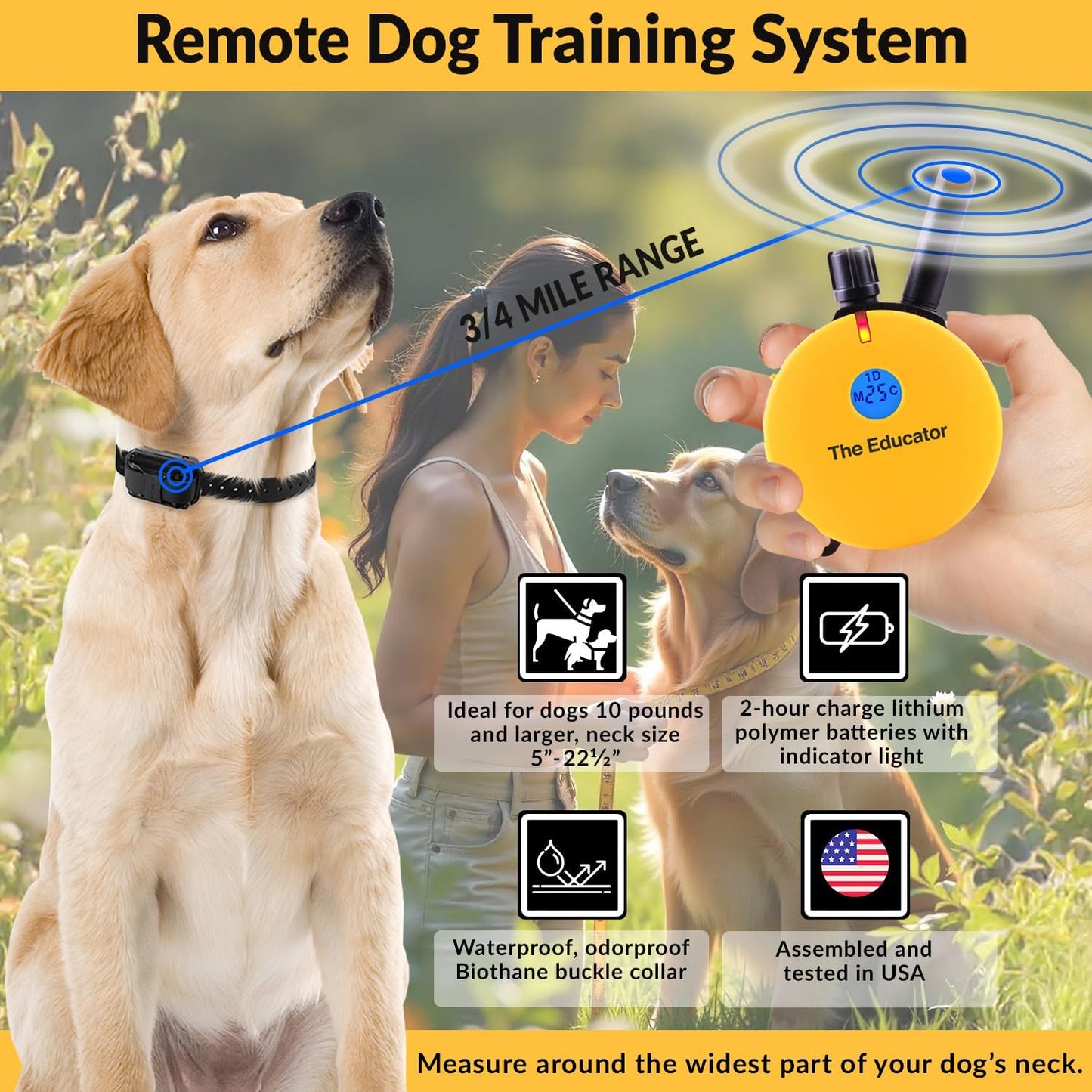 Humane E-Collar ET-402 Dog Training Collar for 2 Dogs - Yellow, Remote Controlled, 100 Safe Stimulation Levels, Waterproof & Rechargeable, 3/4 Mile Range