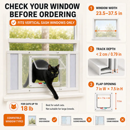 Jubitail No-Drill Cat Door Insert for Vertical Sash Windows – Easy Access for Cats (Fits 23.5–37.5 In)