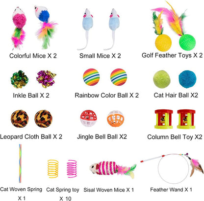 Ultimate 32-Piece Interactive Cat Toys Set - Foldable Rainbow Tunnel, Feather Teasers, Crinkle Balls & More for Hours of Fun!