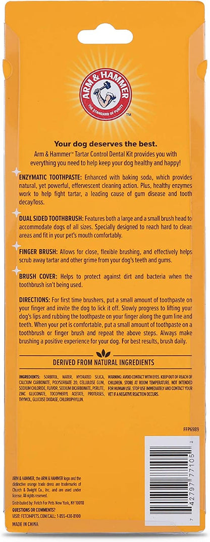 Tartar Control Dog Dental Care Kit - Banana Mint Toothpaste with Baking Soda, Double-Sided Toothbrush & Finger Brush - 3-Piece Set, 2.5 Oz