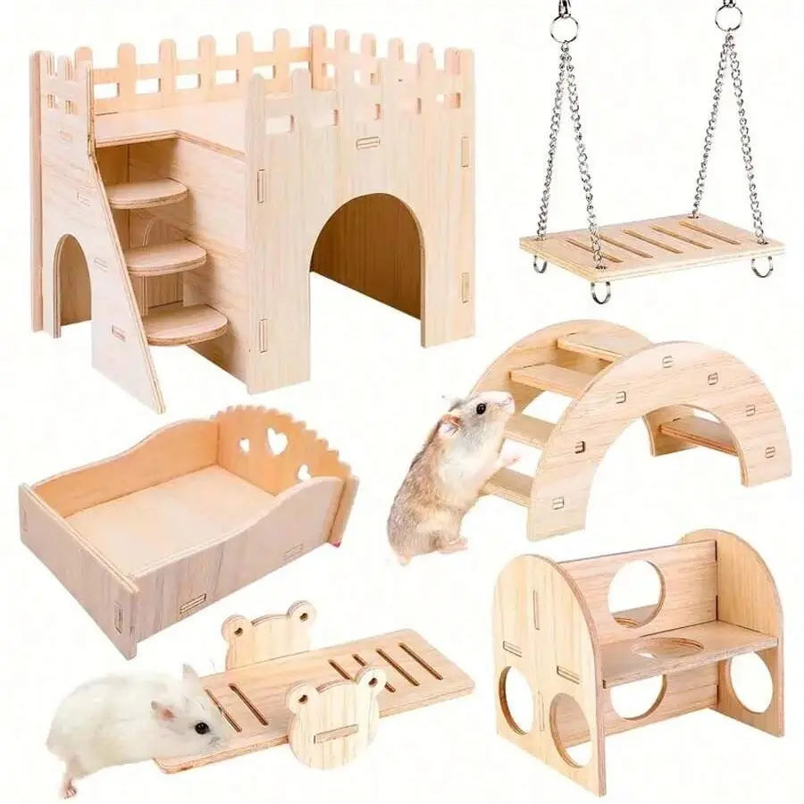 Exciting Wooden Hamster Toy House and Swing Set - Perfect for Dwarf Hamsters, Sandhamsters & Mice! Interactive Playtime Fun!