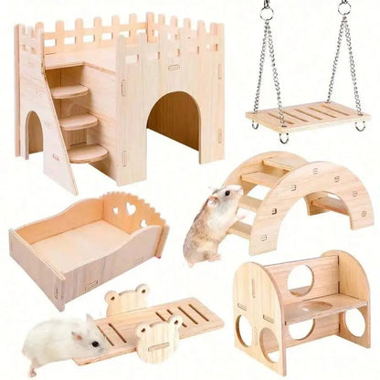 Exciting Wooden Hamster Toy House and Swing Set - Perfect for Dwarf Hamsters, Sandhamsters & Mice! Interactive Playtime Fun!
