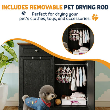 Elevate Mealtime with the Summervibes Engineered Wood Pet Feeding Station - Stylish Cabinet with Dual Tiltable Doors & 4 Bowls for Instant Access