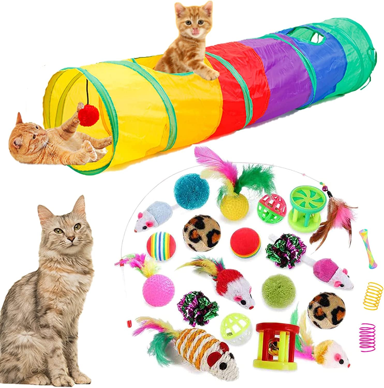 Ultimate 32-Piece Interactive Cat Toys Set - Foldable Rainbow Tunnel, Feather Teasers, Crinkle Balls & More for Hours of Fun!