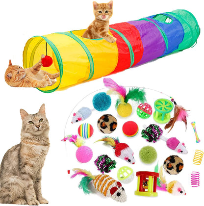 Ultimate 32-Piece Interactive Cat Toys Set - Foldable Rainbow Tunnel, Feather Teasers, Crinkle Balls & More for Hours of Fun!