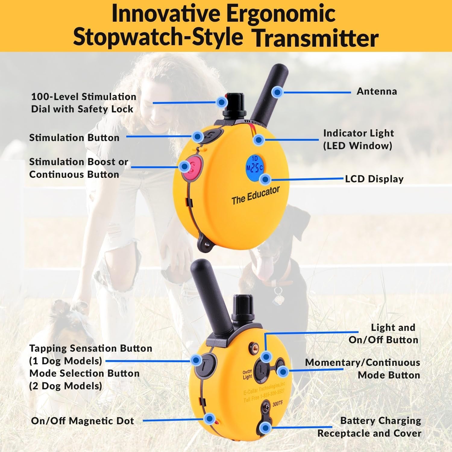 Humane E-Collar ET-402 Dog Training Collar for 2 Dogs - Yellow, Remote Controlled, 100 Safe Stimulation Levels, Waterproof & Rechargeable, 3/4 Mile Range