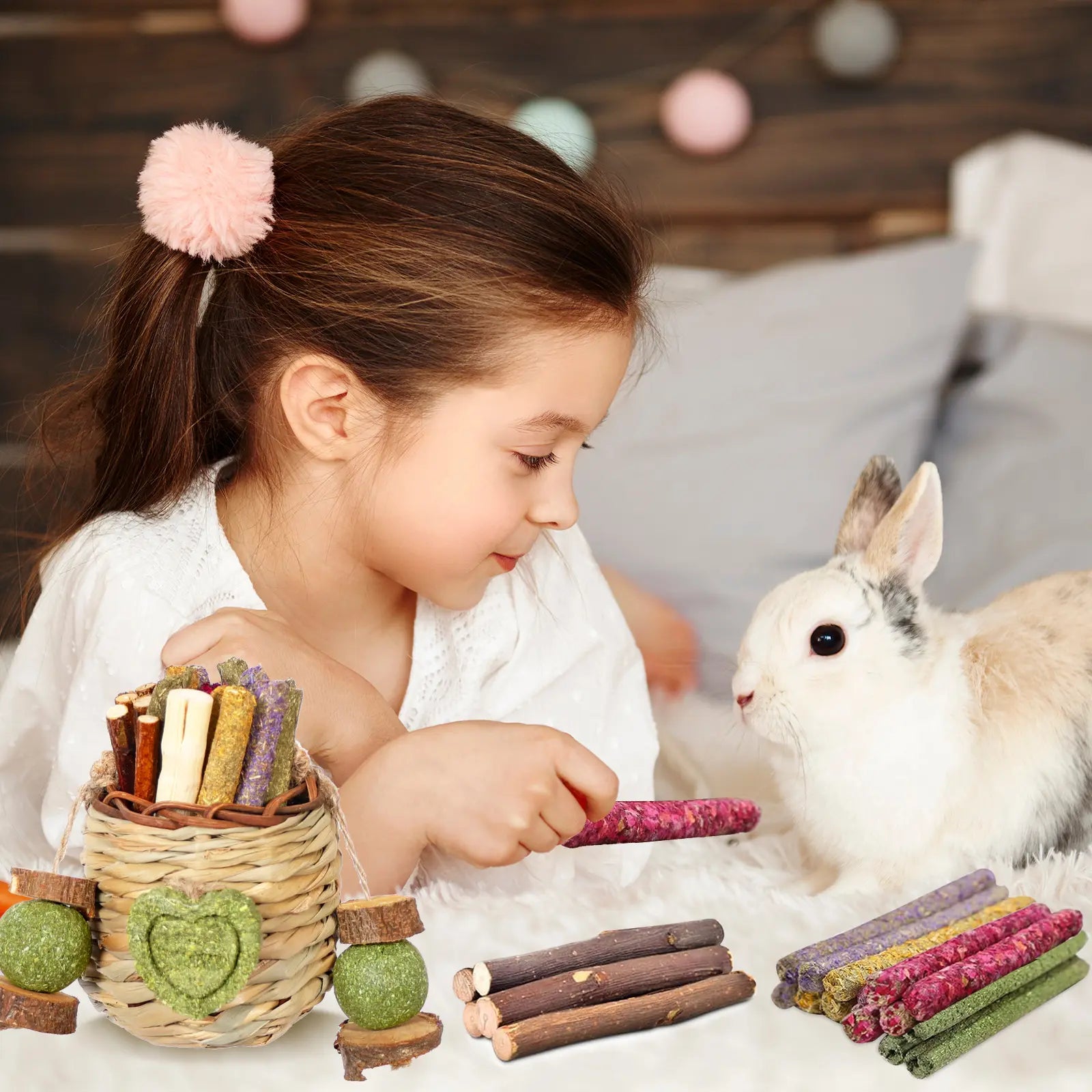 Delightful Rabbit Chew Toys Basket with Sweet Bamboo & Timothy Hay - Perfect for Bunnies, Chinchillas, Guinea Pigs, Hamsters, and Rats!