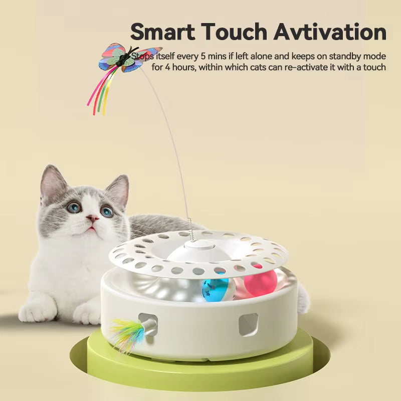 3‑in‑1 Automatic Cat Toy 🦋 Feather Ambush + Track Balls + Fluttering Butterfly