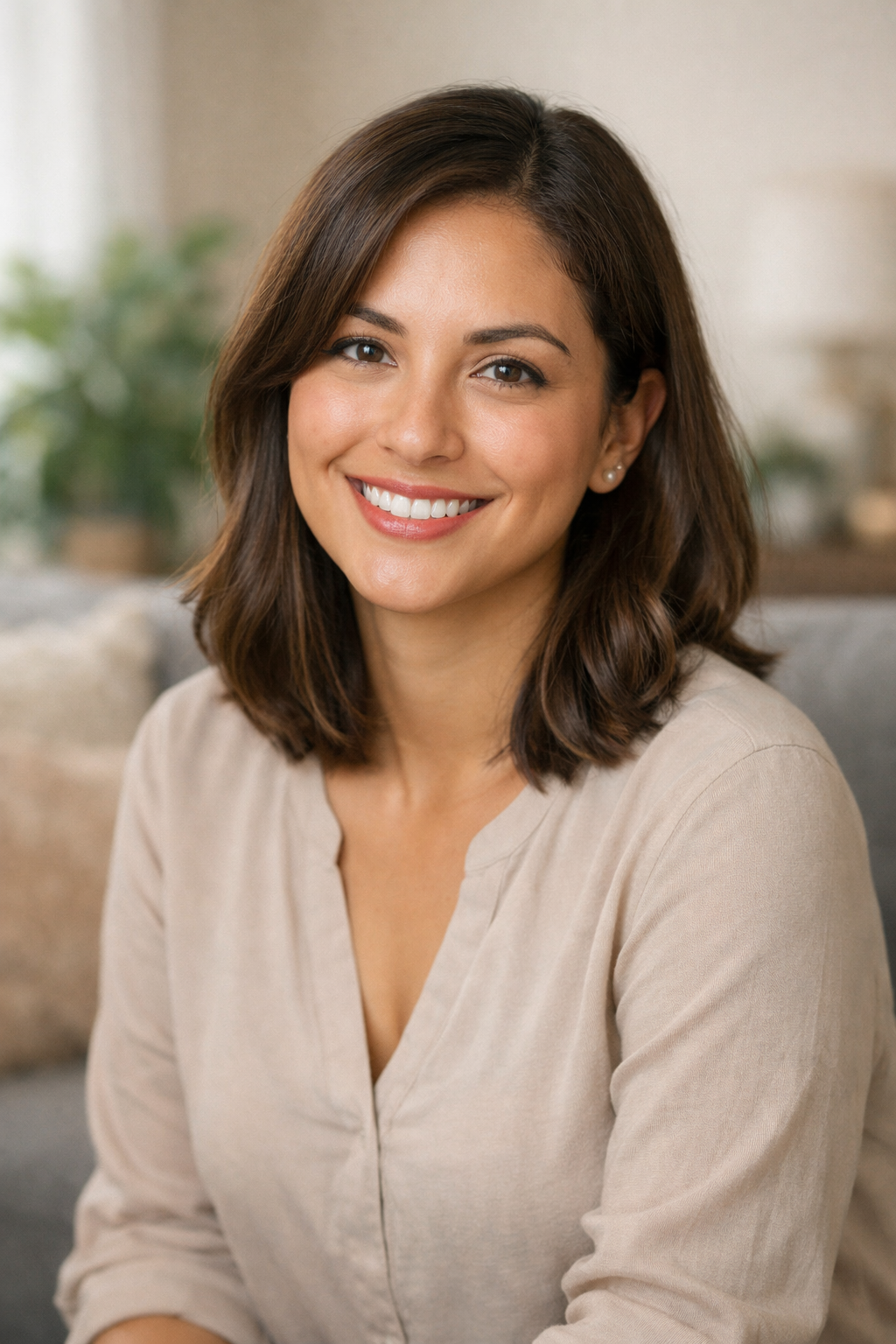Smiling woman with brown hair wearing beige top, sitting on gray couch in cozy living room
