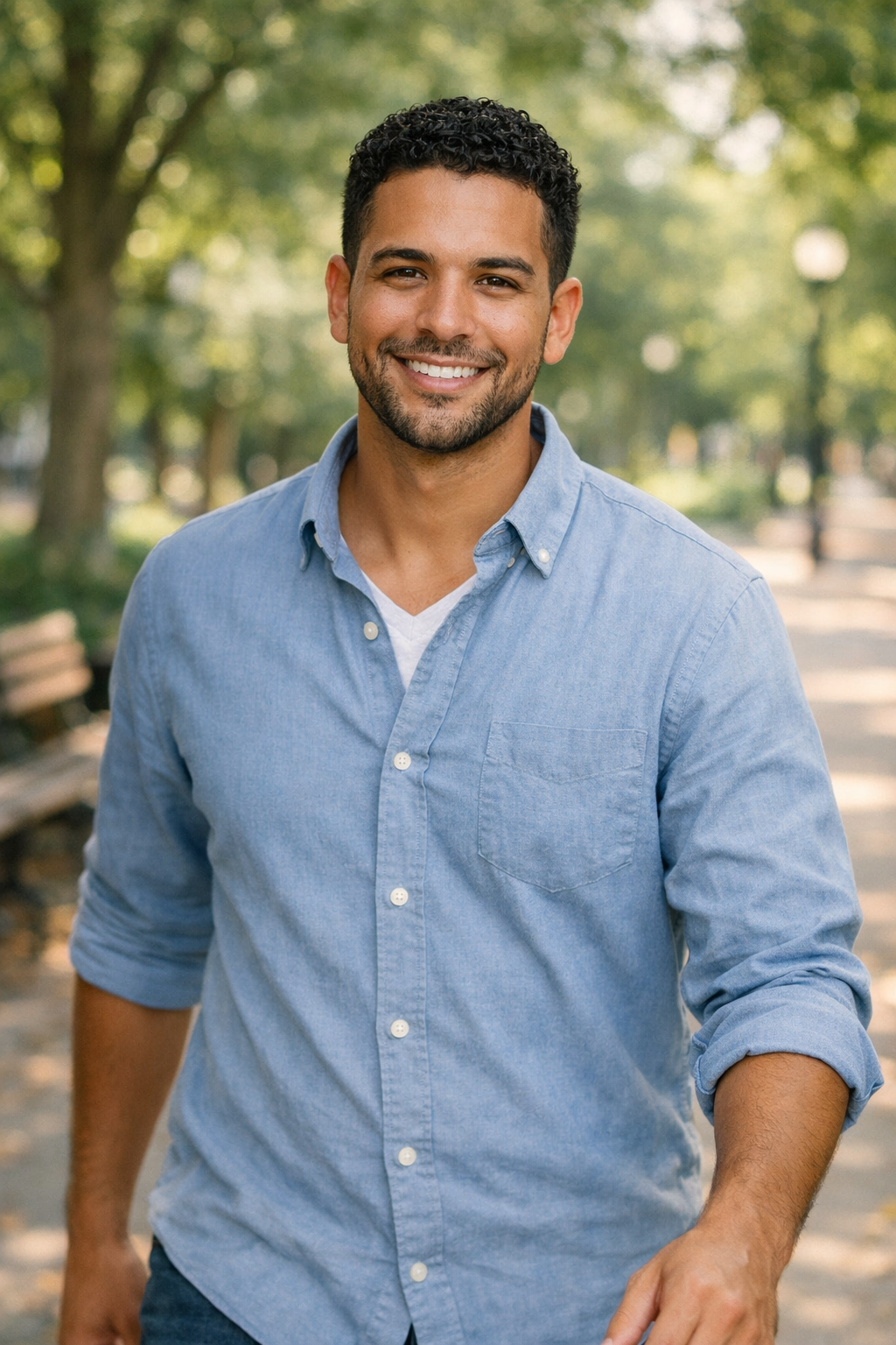 Man in blue button-down shirt smiling outdoors in park setting