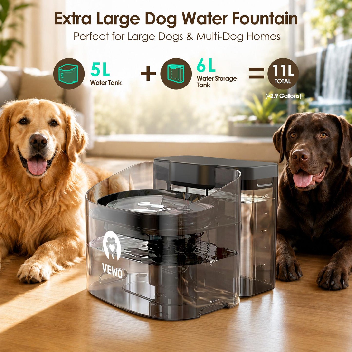 VEWO 11L Large Dog Water Fountain - No Spill Dispenser for Big Breeds, BPA Free, Ultra Quiet, Lasts 7 Days - Perfect for Multi-Pet Homes