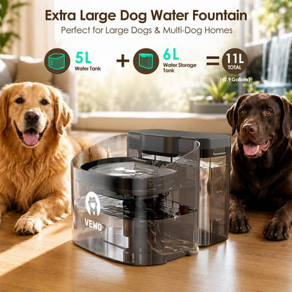 VEWO 11L Large Dog Water Fountain - No Spill Dispenser for Big Breeds, BPA Free, Ultra Quiet, Lasts 7 Days - Perfect for Multi-Pet Homes