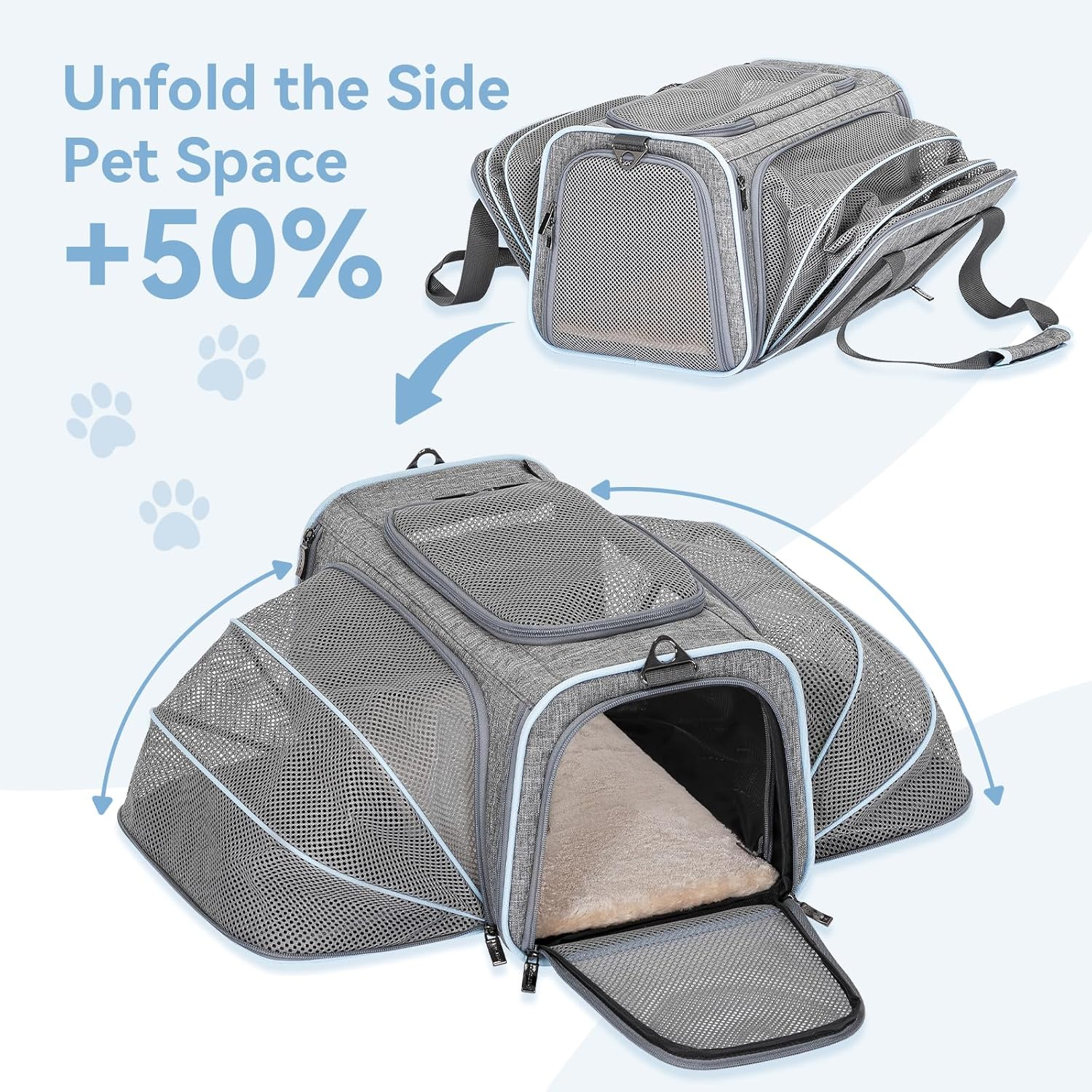 Expandable pet carrier with mesh sides & 50% more space, ideal for cats and small dogs travel comfort