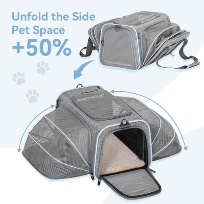 Expandable pet carrier with mesh sides & 50% more space, ideal for cats and small dogs travel comfort