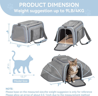 Gray cat carrier with mesh panels, dimensions shown, fits cats up to 9 lbs, ideal for pet travel and comfort