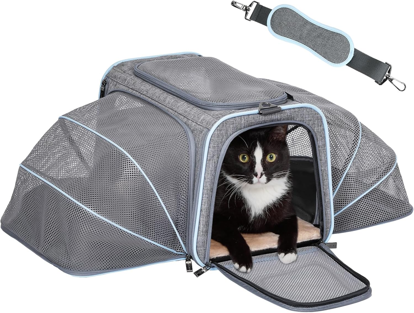 Black and white cat in gray mesh pet carrier with shoulder strap, ideal for travel and comfort