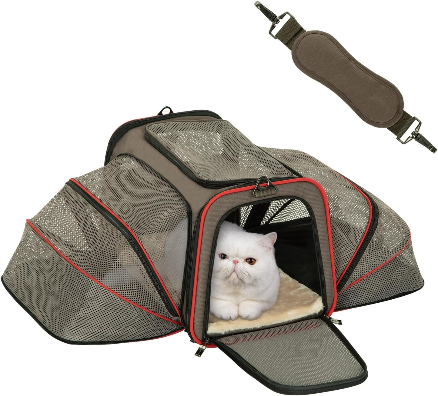 White cat in breathable mesh pet carrier with shoulder strap, ideal for safe travel and comfort.