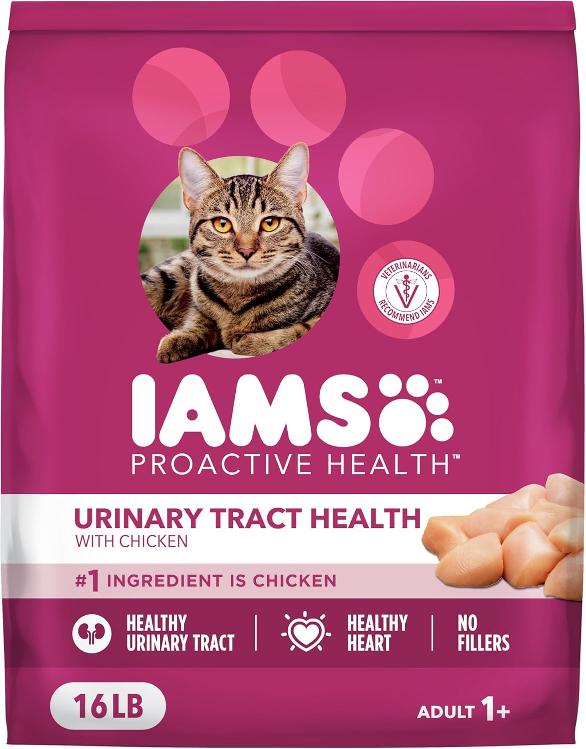IAMS Proactive Health Urinary Tract Cat Food with Chicken, 16 lb bag for adult cats, supports healthy urinary tract and heart