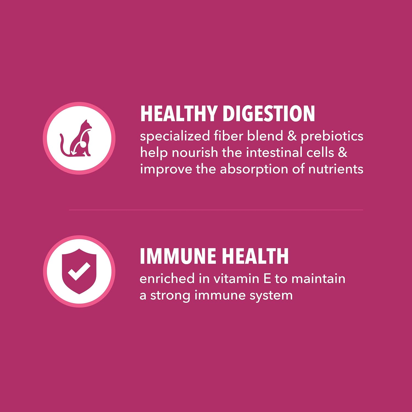 Cat food benefits: healthy digestion with fiber & prebiotics, immune health with vitamin E