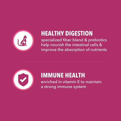 Cat food benefits: healthy digestion with fiber & prebiotics, immune health with vitamin E