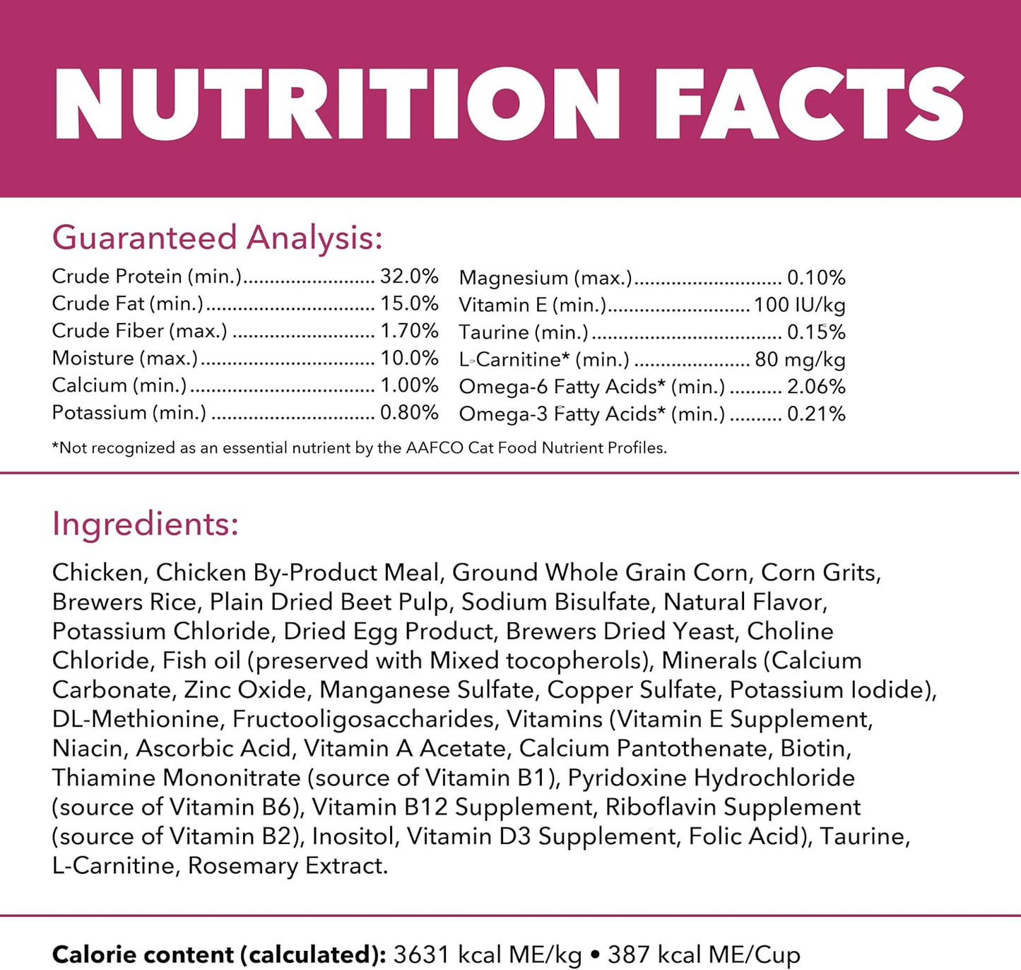 Cat food nutrition facts label showing guaranteed analysis, ingredients like chicken and taurine, and calorie content