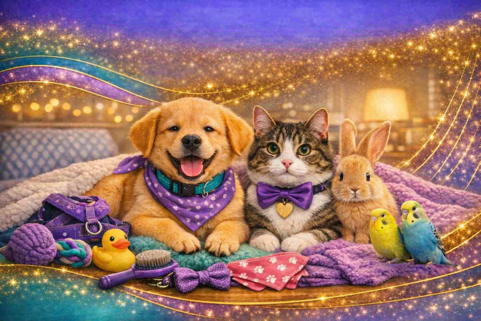 Adorable puppy, cat, bunny, and birds with pet toys and grooming supplies on cozy blankets under sparkling lights