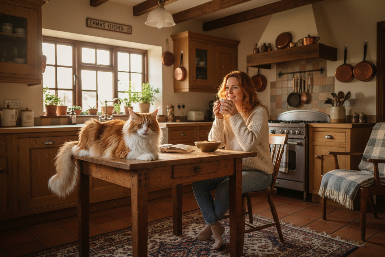 Woman enjoying coffee with fluffy orange cat on kitchen table, cozy home setting