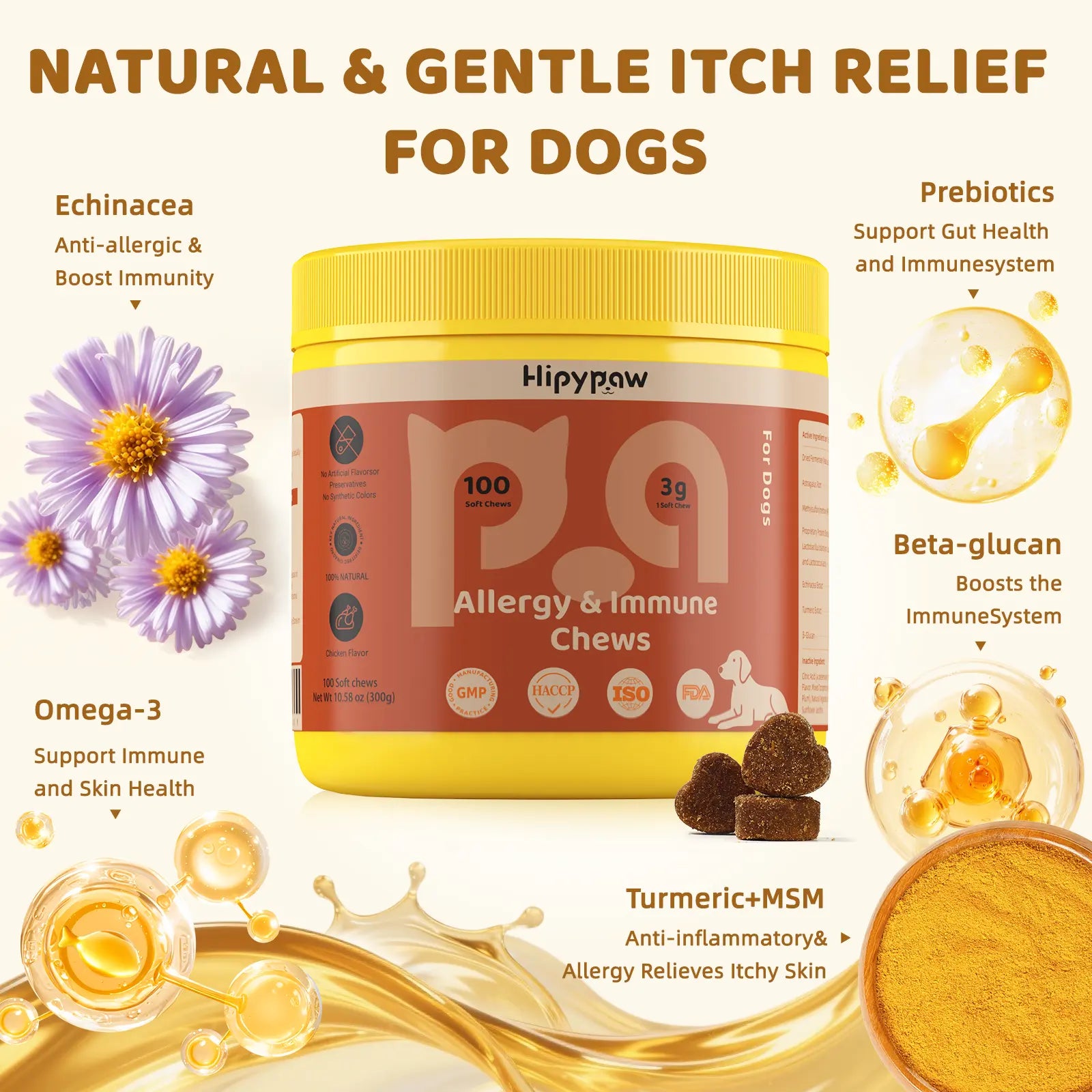Hipypaw Allergy & Immune Bites - Delicious Soft Chews for Dogs' Seasonal Allergies and Gut Health