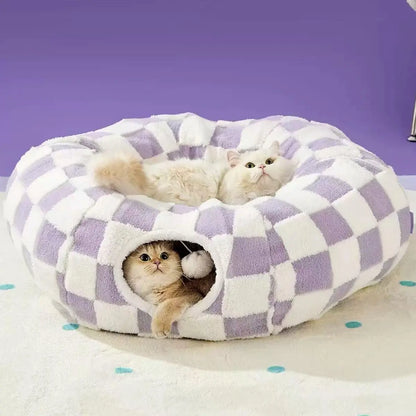Cozy Cute Pet Tunnel Bed with Blanket - Plush Peek-A-Boo Cave for Dogs & Cats of All Sizes