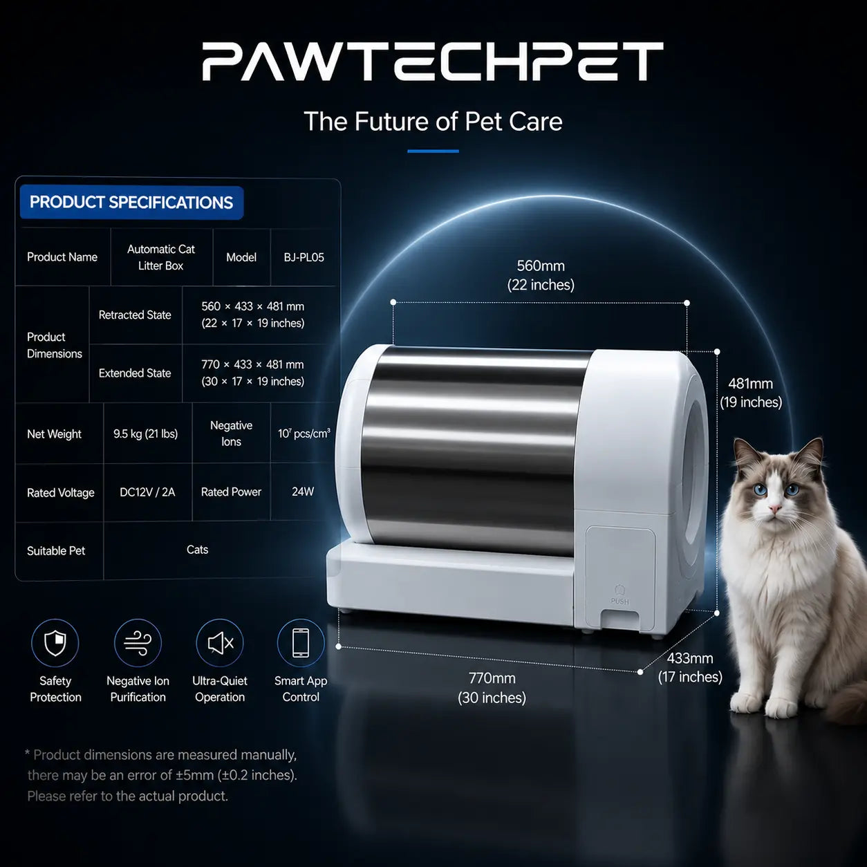 Pawtech Smart Auto-Cleaning Cat Litter Box - Whisper-Quiet, App-Controlled, 60L Capacity with Safety Sensors for Effortless Maintenance