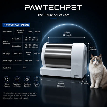 Pawtech Smart Auto-Cleaning Cat Litter Box - Whisper-Quiet, App-Controlled, 60L Capacity with Safety Sensors for Effortless Maintenance