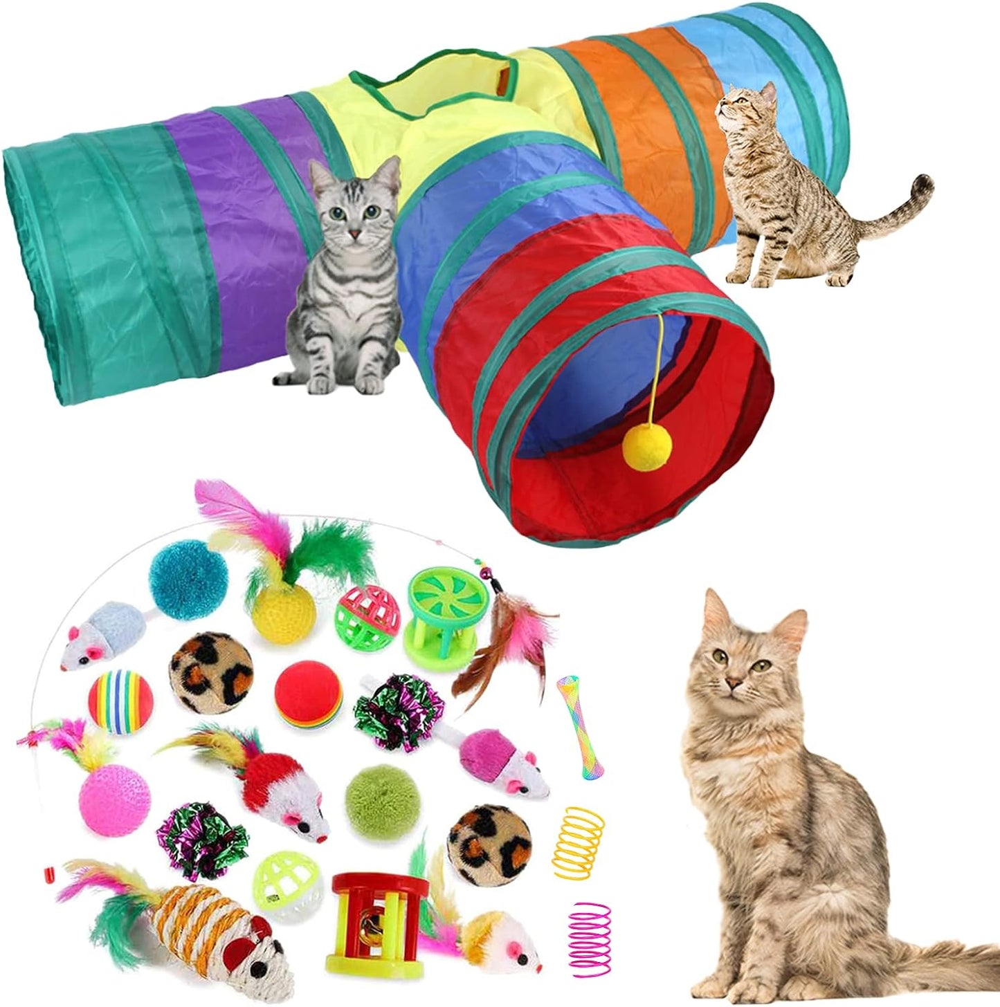 Ultimate 32-Piece Interactive Cat Toys Set - Foldable Rainbow Tunnel, Feather Teasers, Crinkle Balls & More for Hours of Fun!