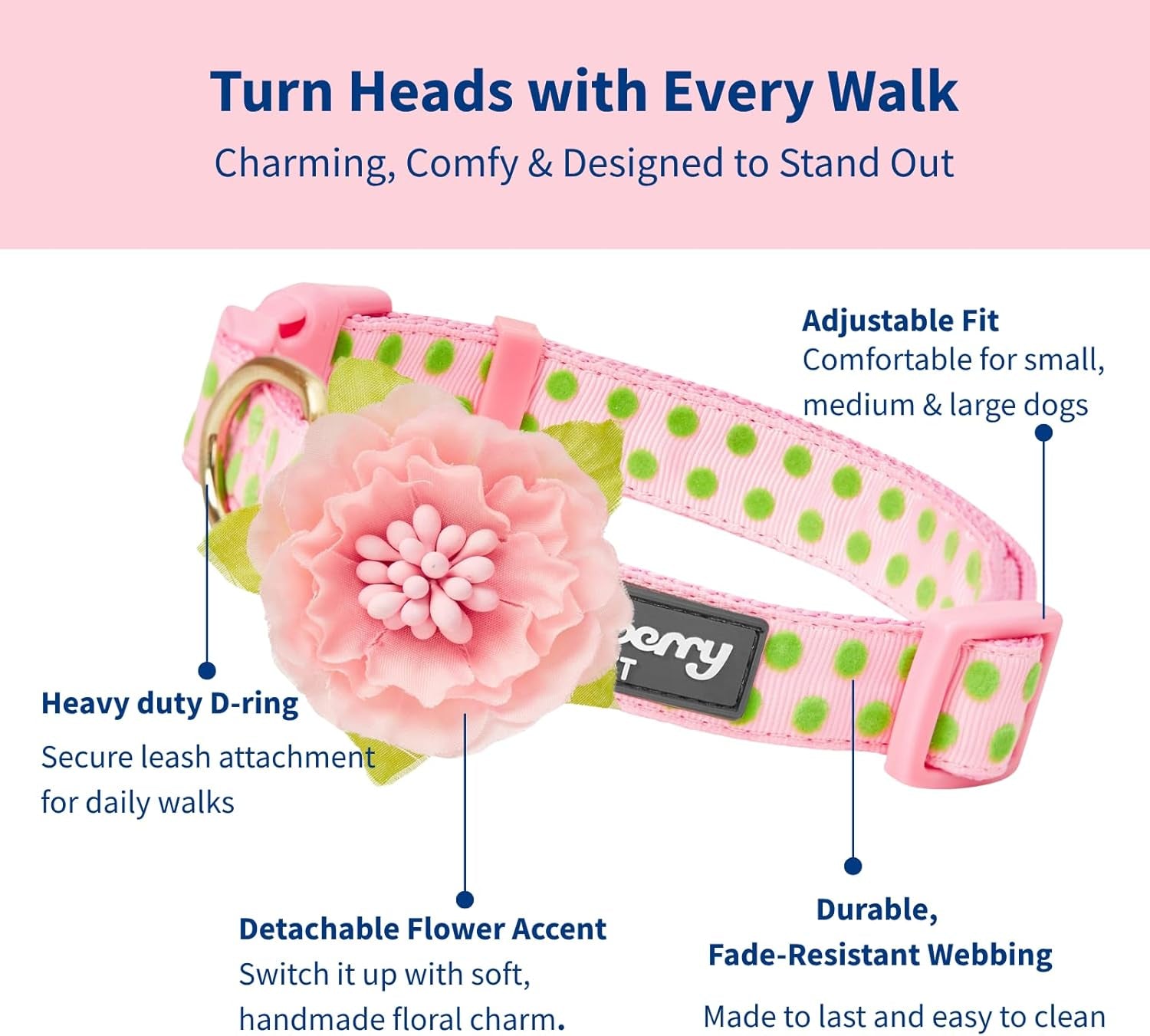 Blueberry Pet Pink Dog Collar 🎀🐾 Adjustable Nameplate Collar w/ AirTag Holder & Flower
