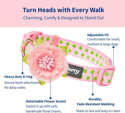 Blueberry Pet Pink Dog Collar 🎀🐾 Adjustable Nameplate Collar w/ AirTag Holder & Flower