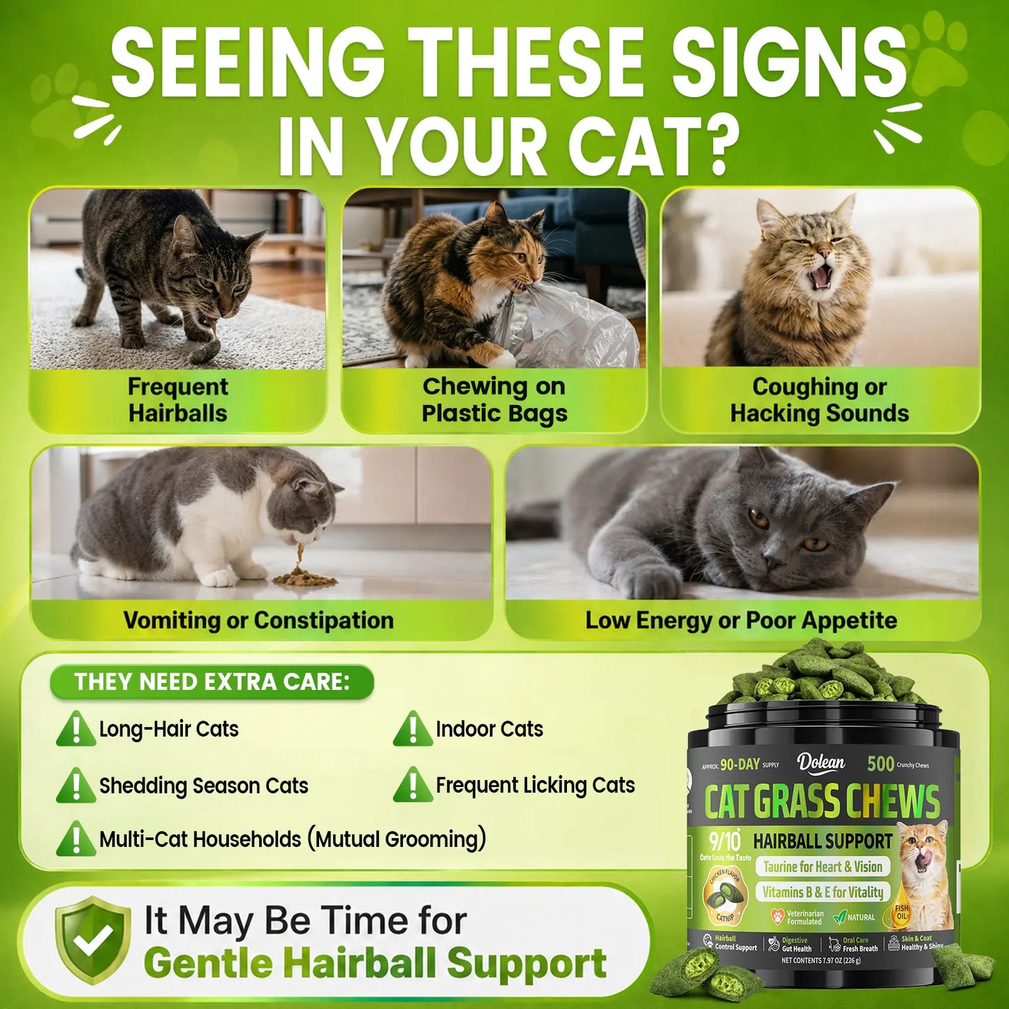 Dolean Cat Grass Chews - Crunchy Chicken Flavor Snack for Hairball Control & Digestive Health, 500 Grain-Free Treats with Essential Vitamins, Fish Oil & Taurine for Healthy Skin, Coat & Teeth
