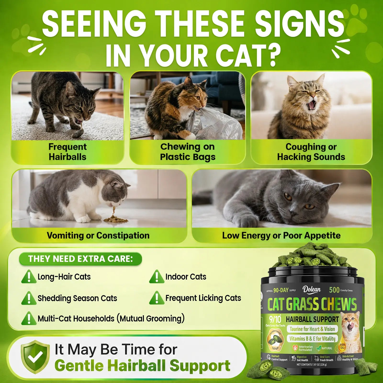 Dolean Cat Grass Chews - Crunchy Chicken Flavor Snack for Hairball Control & Digestive Health, 500 Grain-Free Treats with Essential Vitamins, Fish Oil & Taurine for Healthy Skin, Coat & Teeth