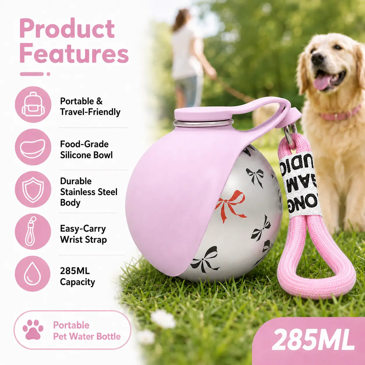 Portable Stainless Steel Pet Water Bottle with Poop Bag Holder - Leak-Proof 285Ml Travel Dispenser for Dogs & Cats