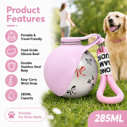 Portable Stainless Steel Pet Water Bottle with Poop Bag Holder - Leak-Proof 285Ml Travel Dispenser for Dogs & Cats
